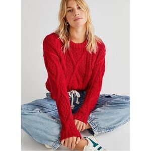 Free People Cutting Edge Red Cable Knit Pullover Sweater Cropped